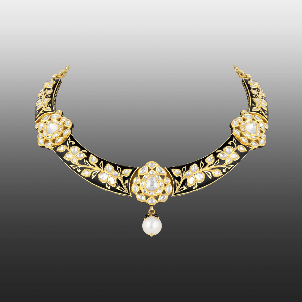 Black Enamel Hasli Necklace with Polki & Gold Floral Motifs